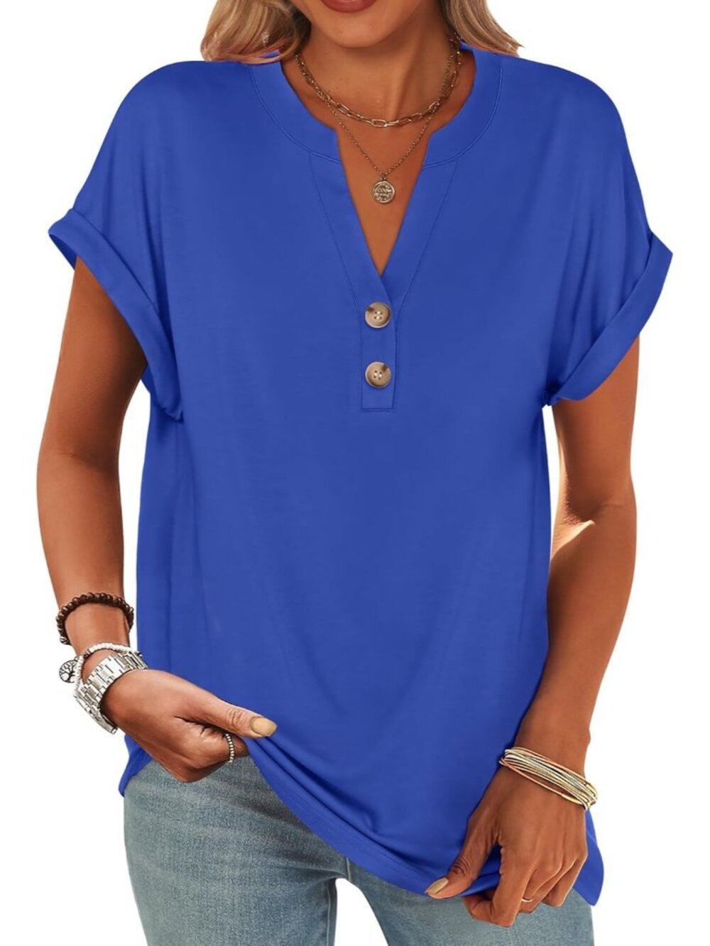 Women's Blue Summer Short Sleeves Henley V Neck Comfortable Trendy Tee Shirts